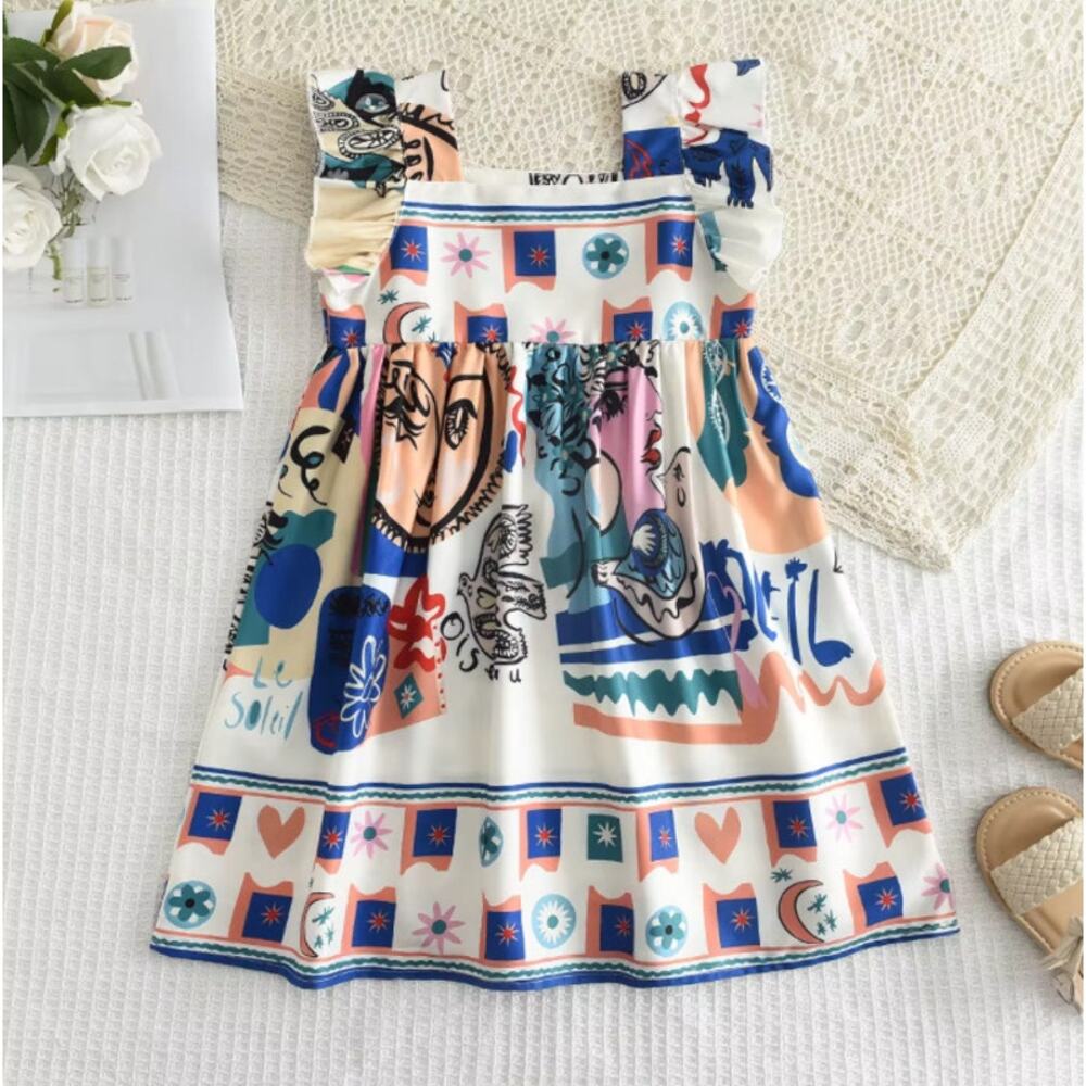 Tween Girl's Dress Size 11y Square Neck Colorful Cartoon Print NOWT